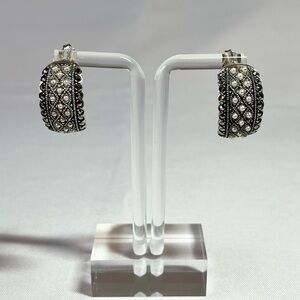 Vtg Sterling Silver Semi J Hoop Earrings With Marcasite Stones And Lab Pearls
